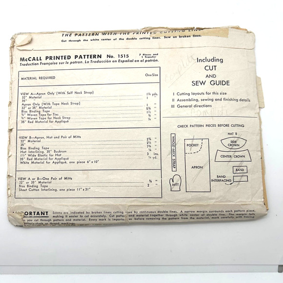 Mccall Vintage 1940's Pattern #1515 Mr.& Mrs. BBQ Aprons Hat Mitts HTF RARE - Picture 10 of 10